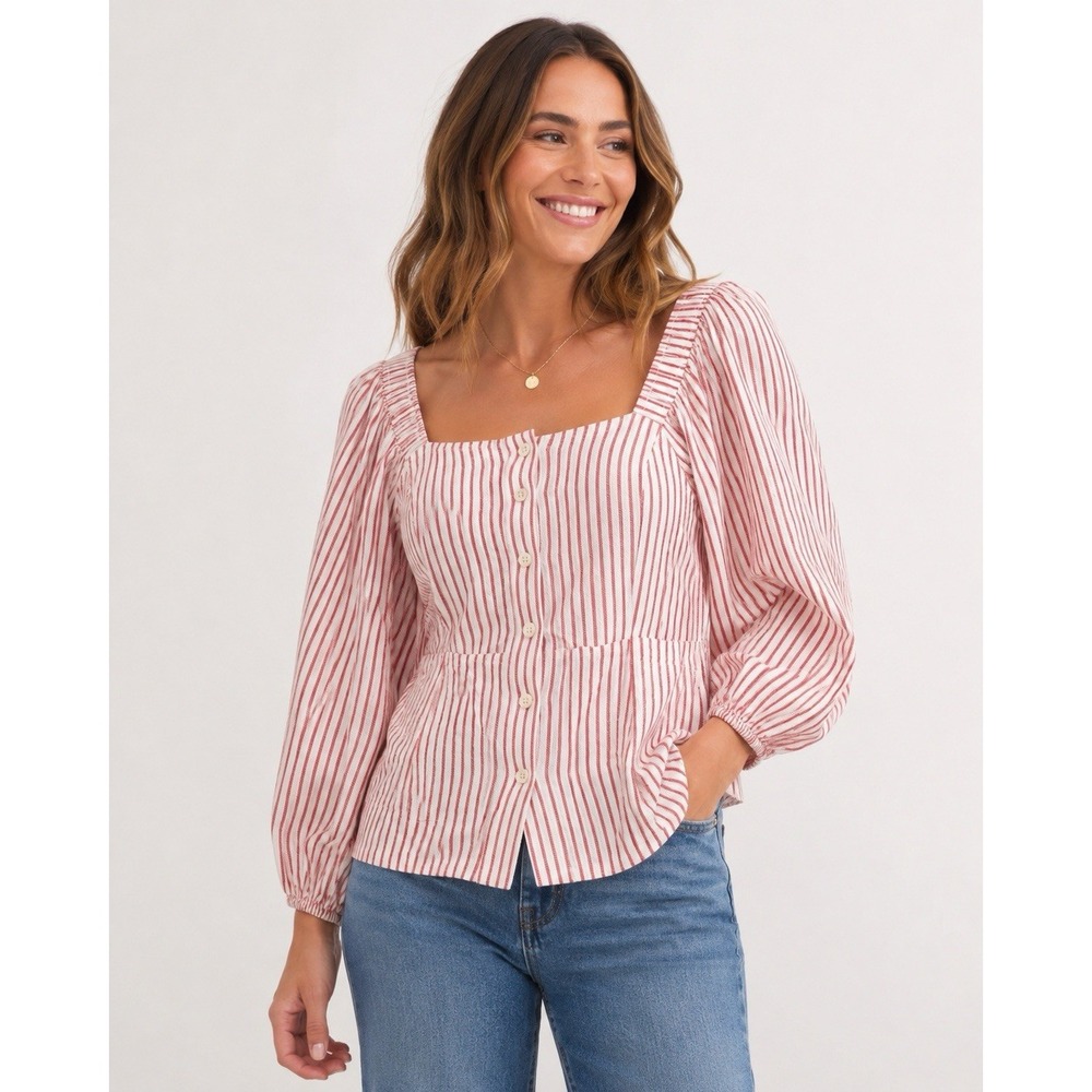 Cabi Women's Medium Striped Button Front Blouse Square Neck Puff Sleeve Rayon